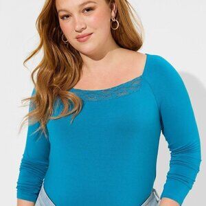 Torrid - Super Soft Lace Inset Long Sleeve Top in Turkish Tile Blue​​​​​​​​​​